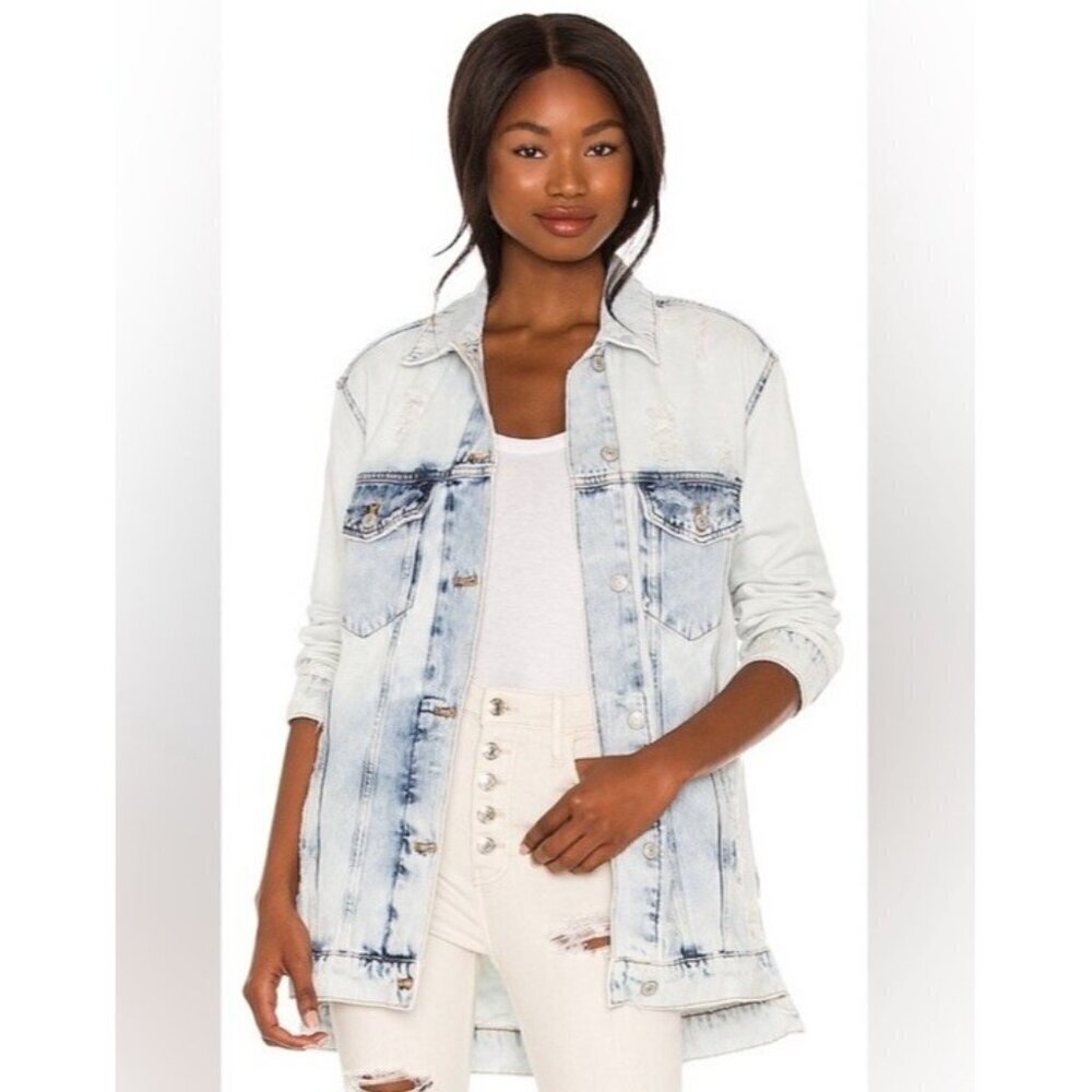 We The Free People Women's Sz XS Destroyed Long & Lean Trucker Jacket Acid Wash